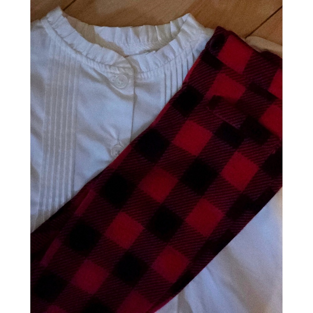 Toddler Girls White Pleated Button Front Shirt Red Buffalo Plaid Pants Set 2T